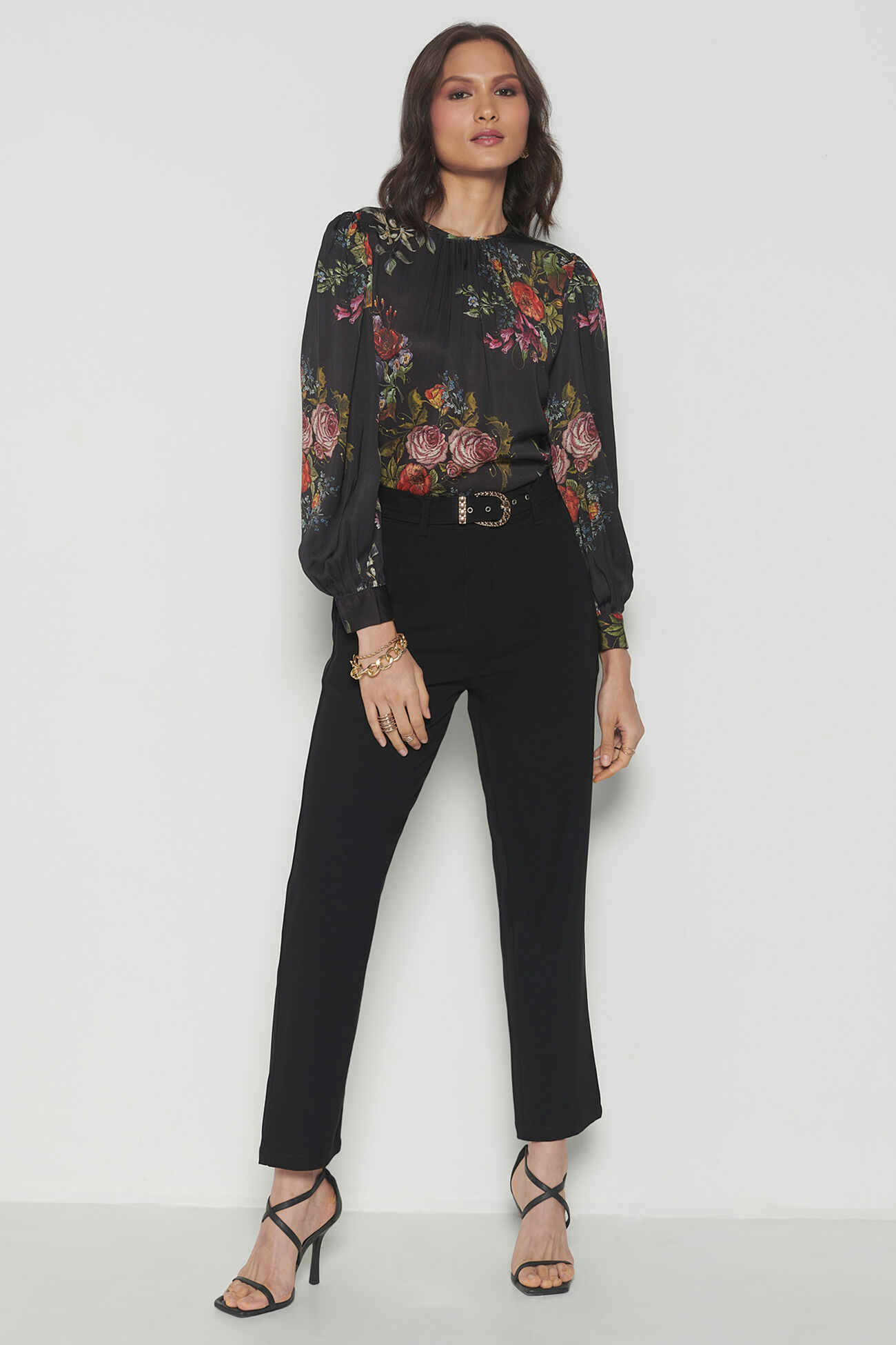 Roses All-Around Blouson Top, Black, image 2
